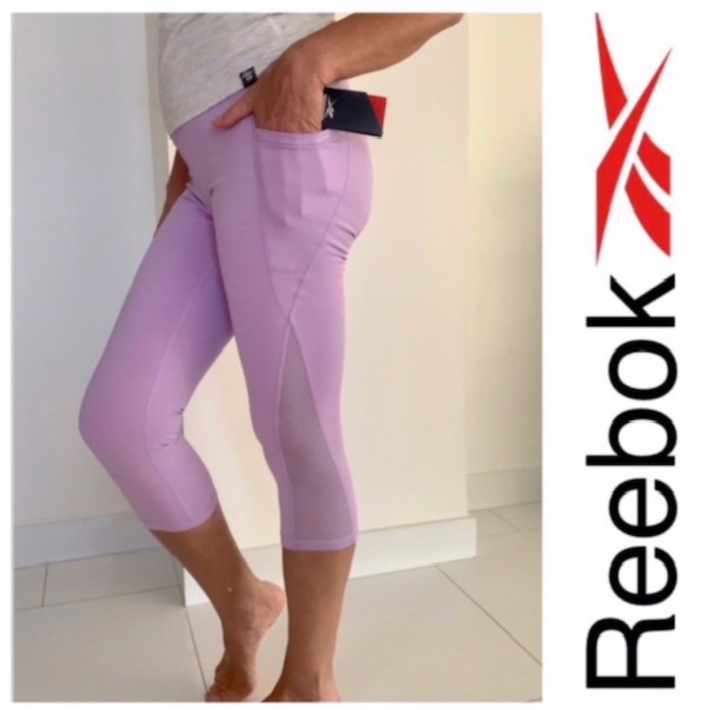 NWT REEBOK DASHING HIGHRISE PURPLE ROSE SKINNY CAPRI LEGGINGS with MESH